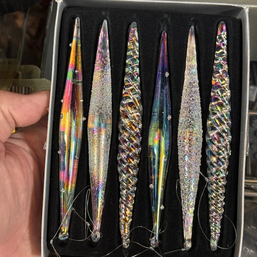Pier 1 Imports Iridescent Glass Icicle Ornaments 6pc Set Twisted Frosted